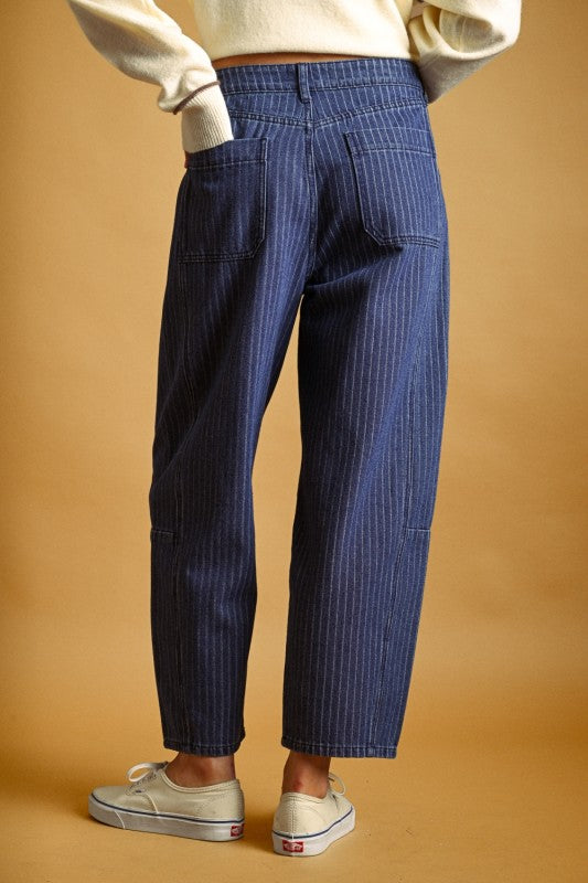 Pinstriped Pattern Denim Blue Barrel Pants