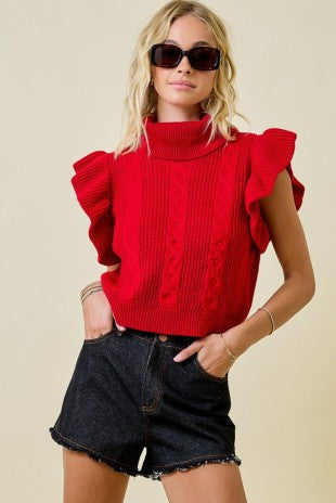 Cable Knit Crop Turtleneck Ruffle Sweater Top