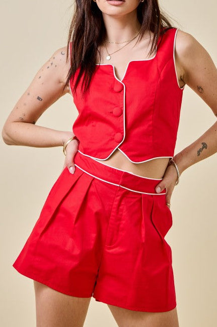Notched Crop Top W/ Contrast Piping & Button Front