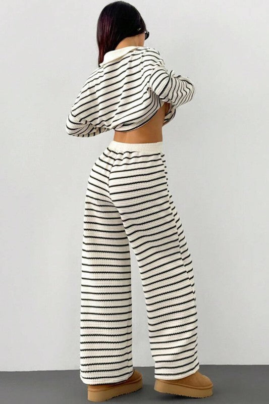 Striped Knit Pants Set With Collared Top