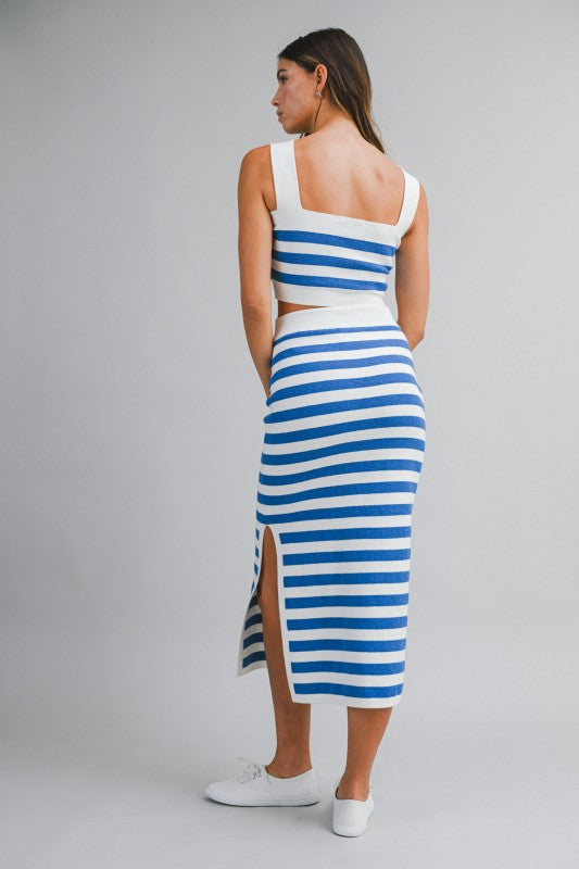 Stripe Sleeveless Knit Crop Top And Midi Skirt Set