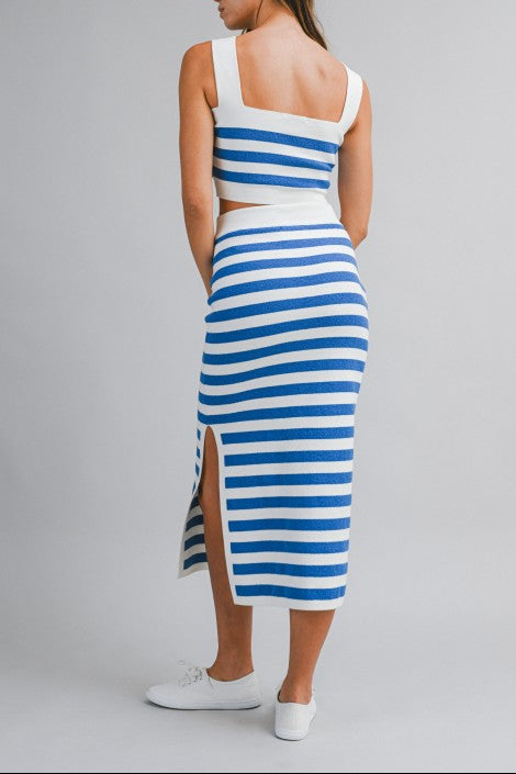 Stripe Sleeveless Knit Crop Top And Midi Skirt Set