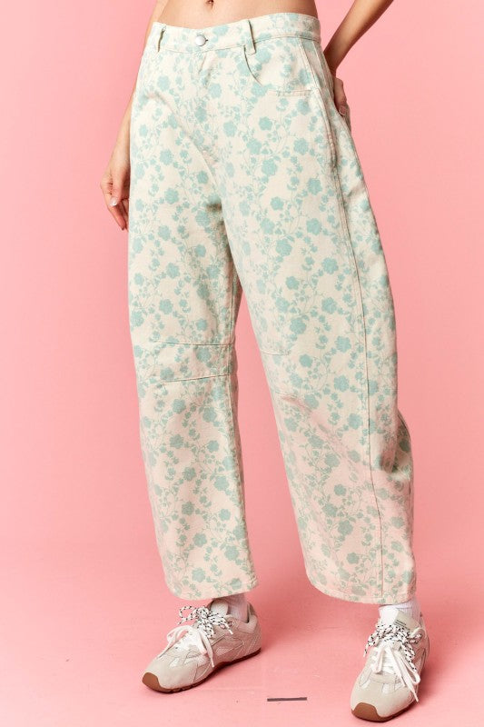 Floral Printed Twill Barrel Pants