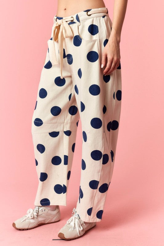 Eyelet Belt Tie Polka Dot Denim Barrel Pants