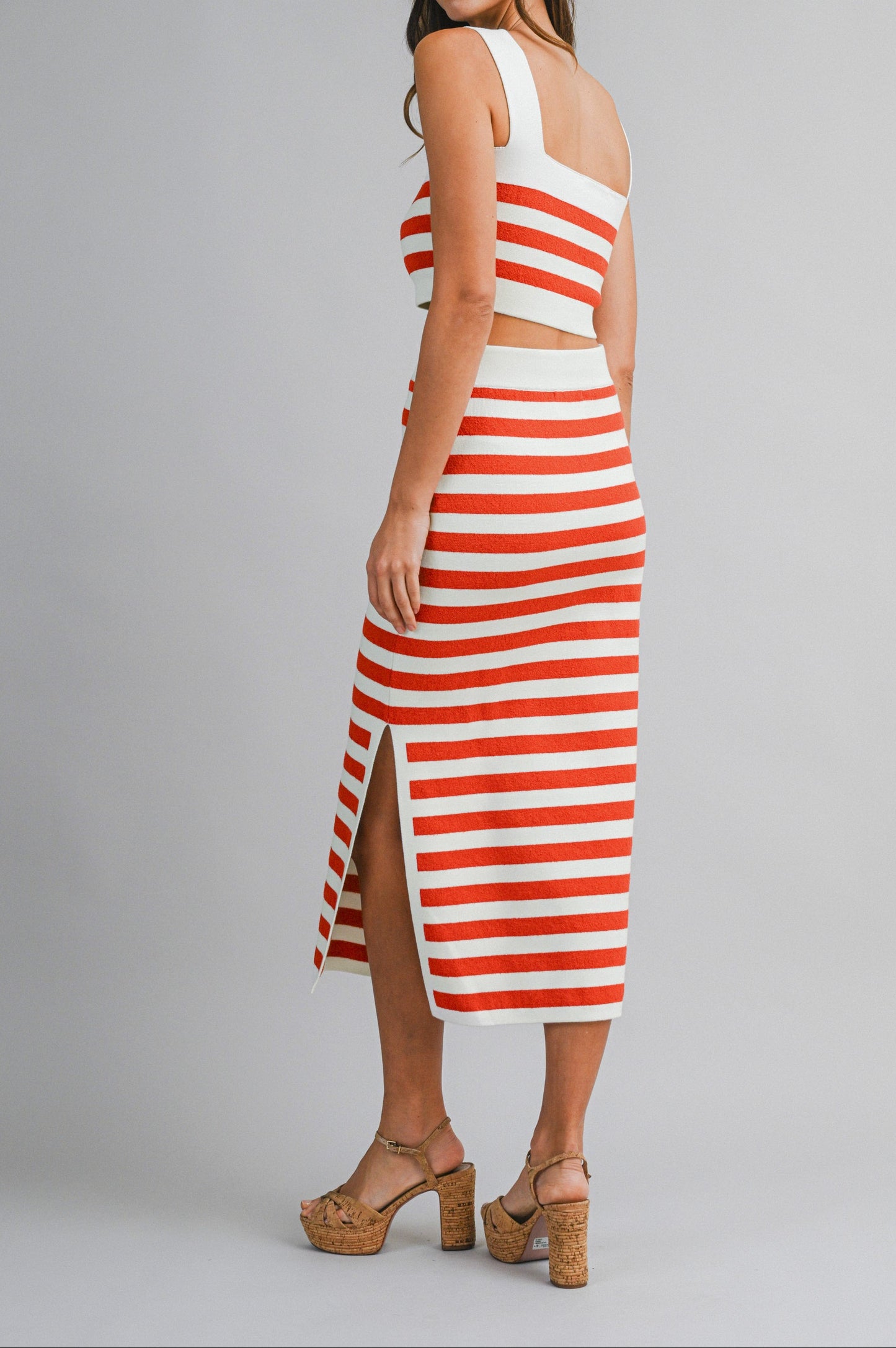 Stripe Sleeveless Knit Crop Top And Midi Skirt Set Red
