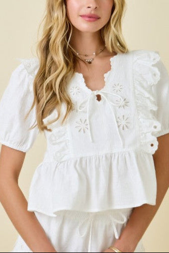 Eyelet Flower Embroidered Tie Front Blouse Top