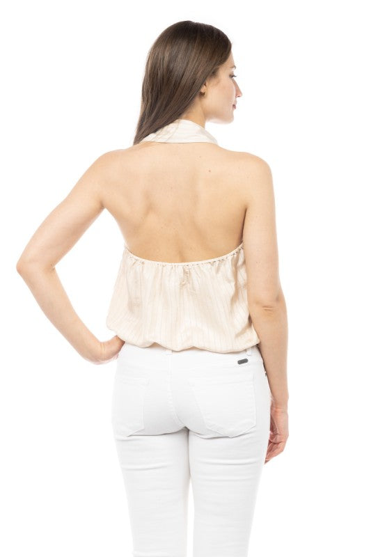 Deep Neck Top With Collar And Elastic Waist Beige