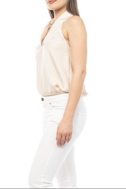 Deep Neck Top With Collar And Elastic Waist Beige