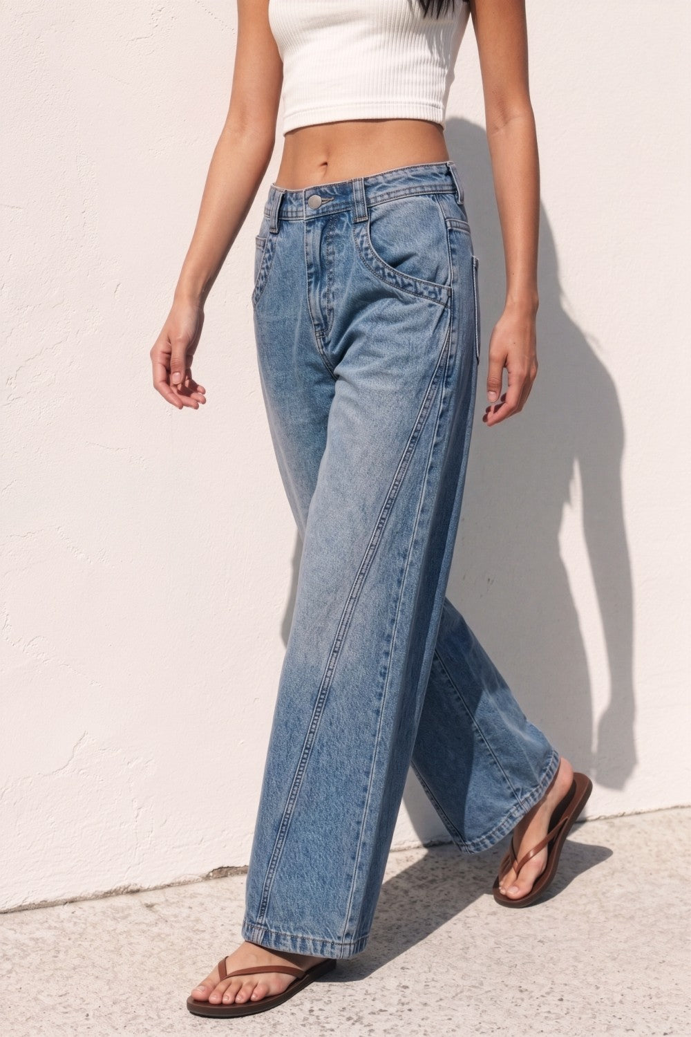 Washed Wide Curved Denim Jeans