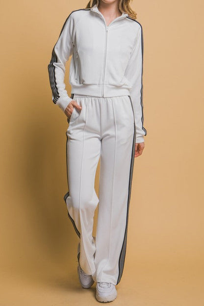 Trendy Side Stripe Jacket And Pants Set