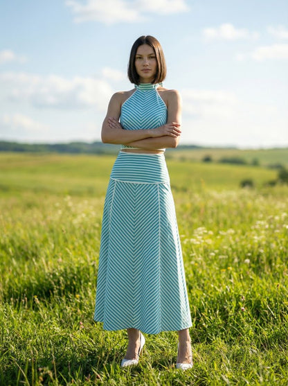 Stripe Halter Crop Top & Midi Skirt Set