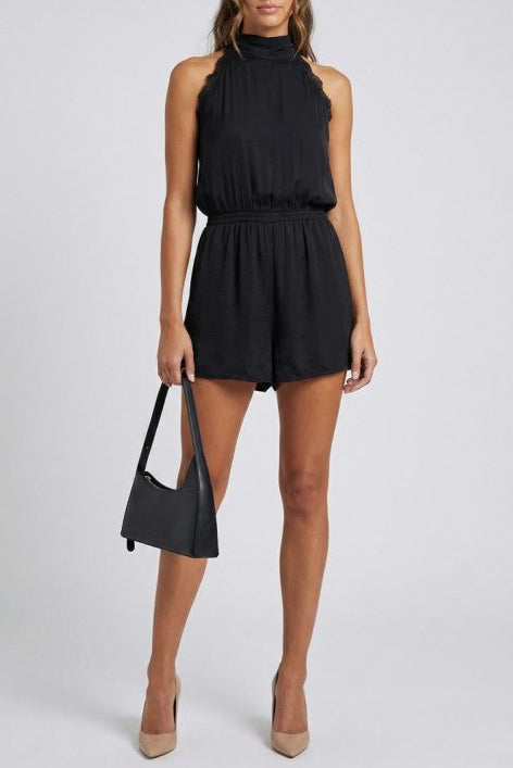 Lace Trim Halter Romper Black