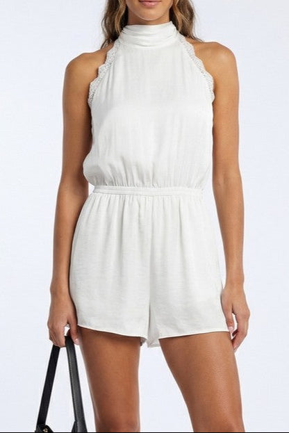 Lace Trim Halter Romper Off White