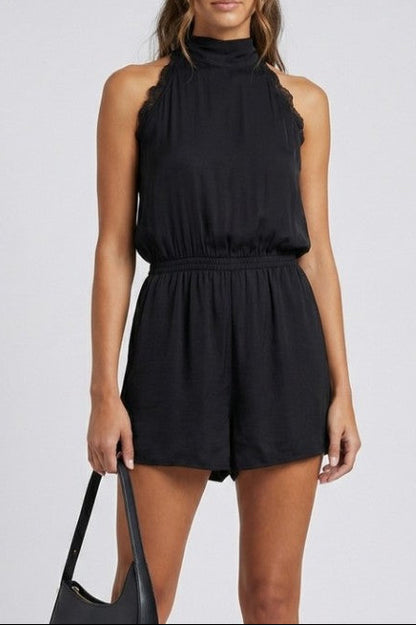 Lace Trim Halter Romper Black