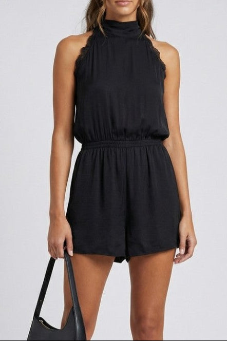 Lace Trim Halter Romper Black