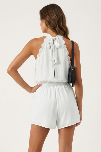 Lace Trim Halter Romper Off White