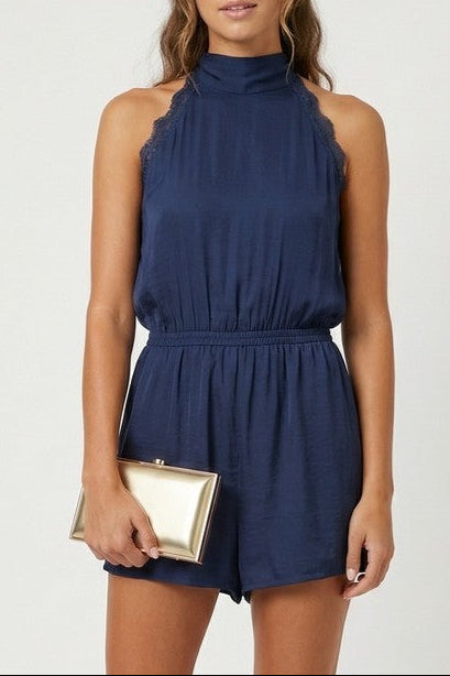 Lace Trim Halter Romper Navy