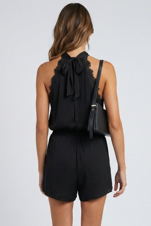 Lace Trim Halter Romper Black