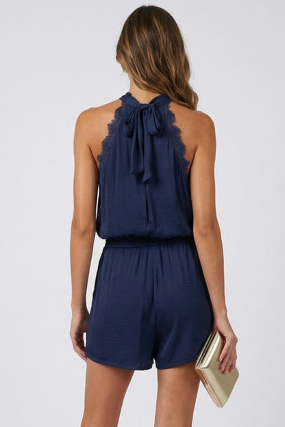Lace Trim Halter Romper Navy