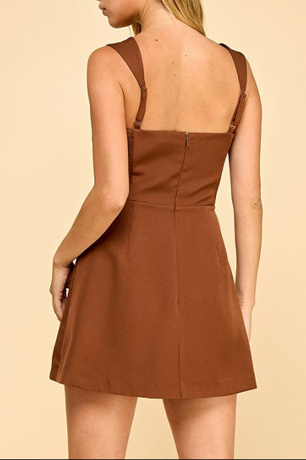 Mocha Mini Skort Romper With Faux Flap Pockets