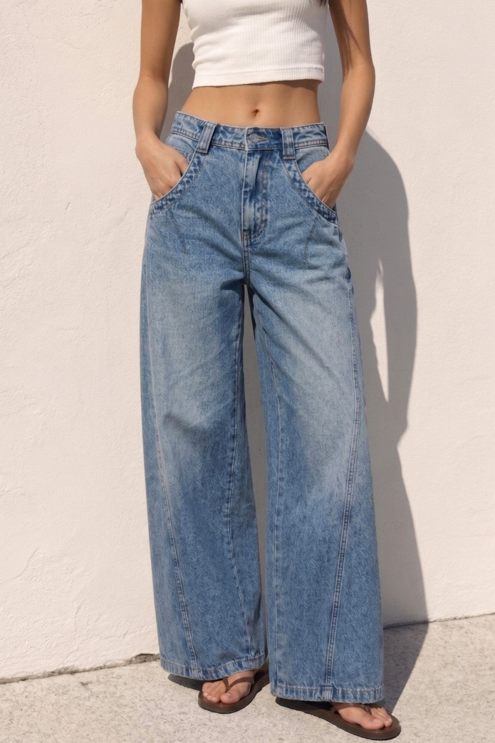 Washed Wide Curved Denim Jeans