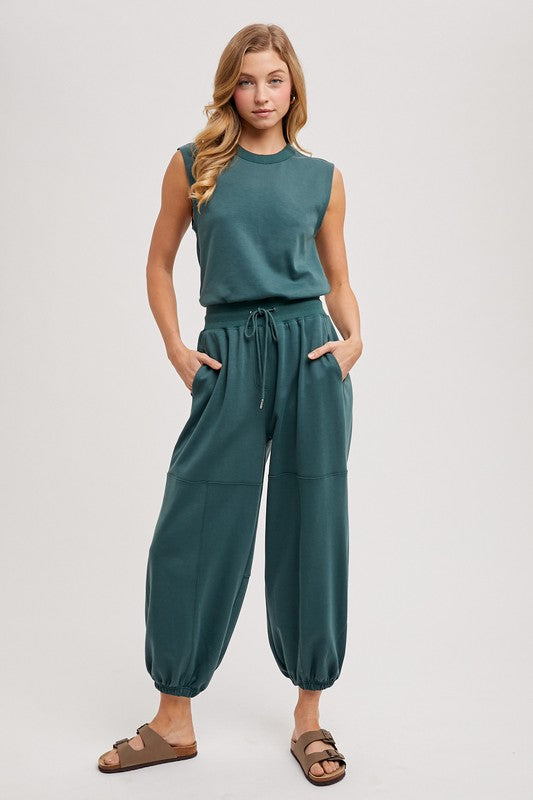 Drawstring Waist Sleeveless Knit Active Jumpsuit