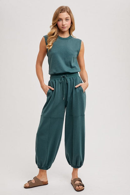 Drawstring Waist Sleeveless Knit Active Jumpsuit