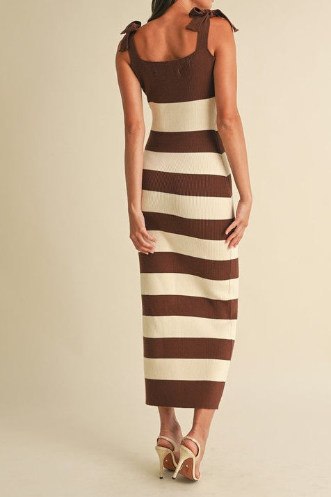 Shoulder Tie Stripe Sweater Knitted Midi Dress