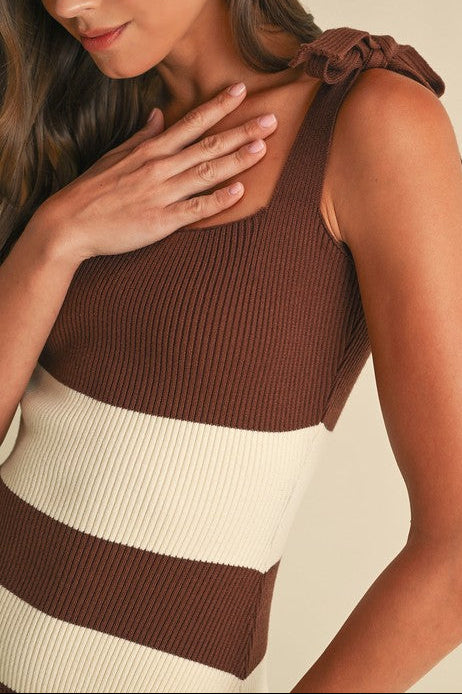 Shoulder Tie Stripe Sweater Knitted Midi Dress