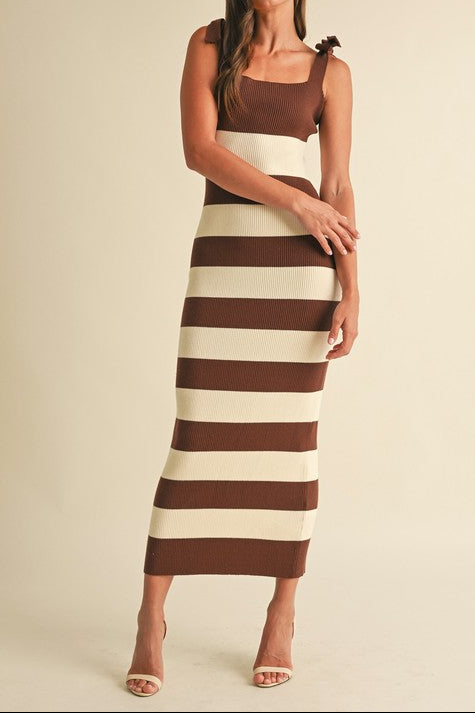 Shoulder Tie Stripe Sweater Knitted Midi Dress