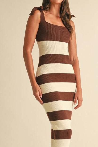 Shoulder Tie Stripe Sweater Knitted Midi Dress