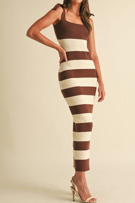 Shoulder Tie Stripe Sweater Knitted Midi Dress
