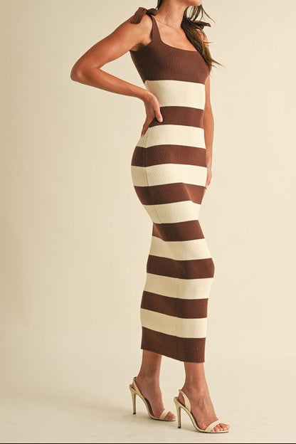 Shoulder Tie Stripe Sweater Knitted Midi Dress
