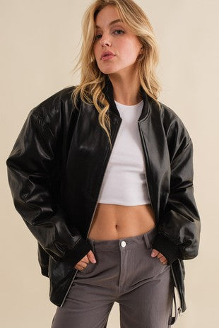 Oversized Faux Leather Bomber Jacket