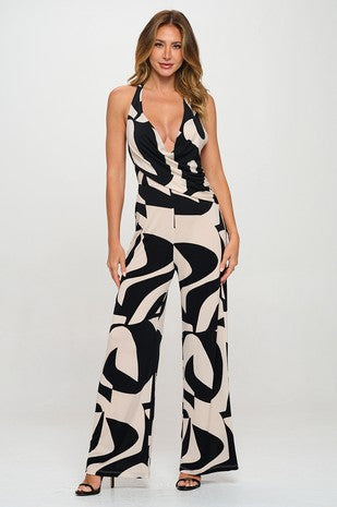 Black And White Halter Draped Wide Leg Jumpsuit