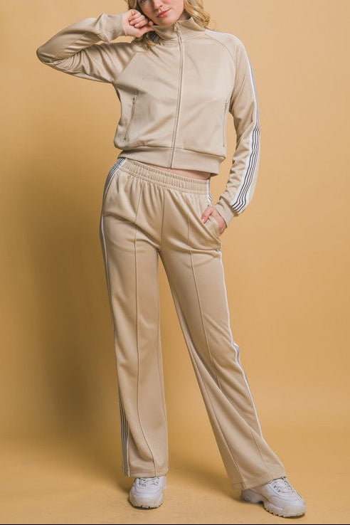 Trendy Side Stripe Beige Jacket and Pants Set
