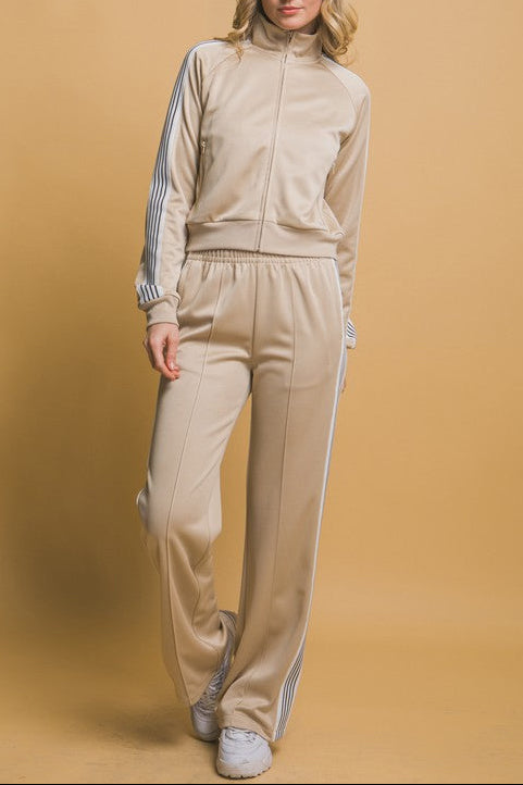 Trendy Side Stripe Beige Jacket and Pants Set