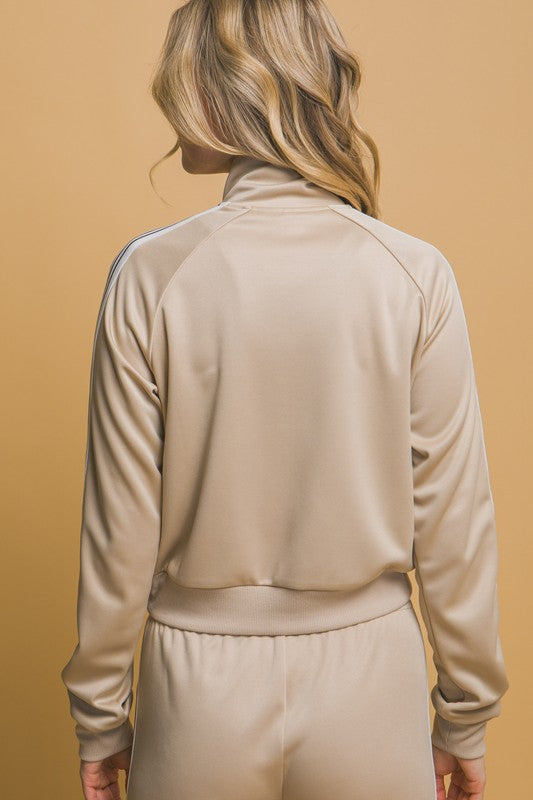 Trendy Side Stripe Beige Jacket and Pants Set