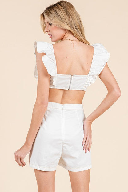 Ruffle Shoulder Denim Romper