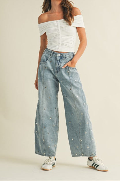 Studded Barrel Denim Pants