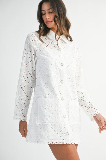 Eyelet Lace Long Sleeve Button Down Mini Dress