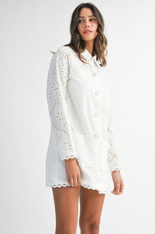 Eyelet Lace Long Sleeve Button Down Mini Dress