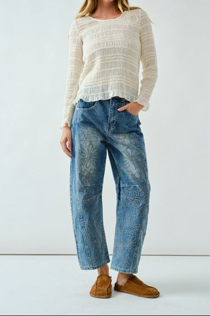 Embroidered Detail Cotton Barrel Jeans