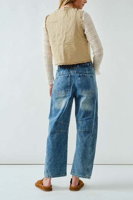 Embroidered Detail Cotton Barrel Jeans
