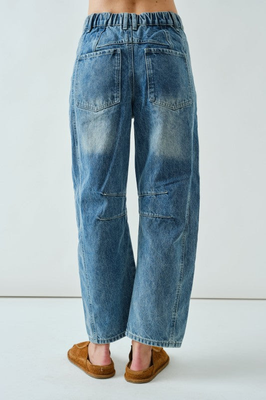 Embroidered Detail Cotton Barrel Jeans