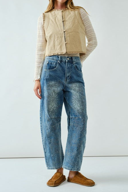 Embroidered Detail Cotton Barrel Jeans