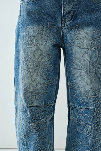 Embroidered Detail Cotton Barrel Jeans