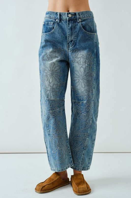 Embroidered Detail Cotton Barrel Jeans
