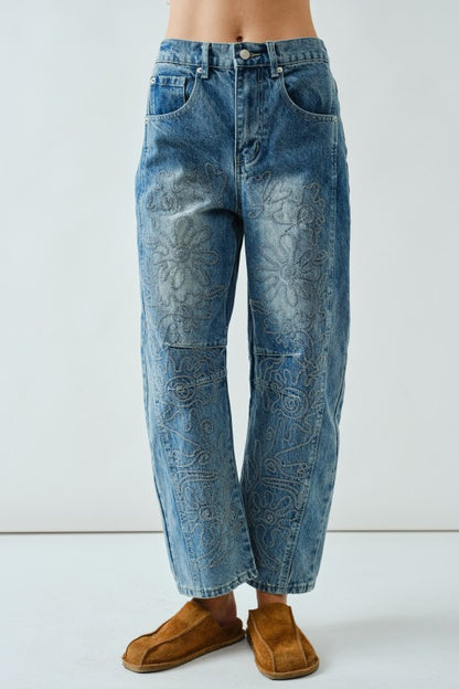 Embroidered Detail Cotton Barrel Jeans