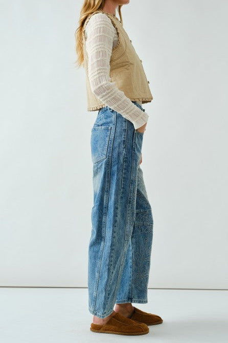 Embroidered Detail Cotton Barrel Jeans
